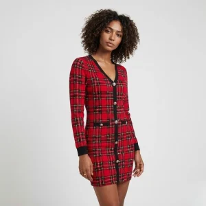 Vestido Curto Ajustado com Padrão Xadrez e Manga Comprida Elegante