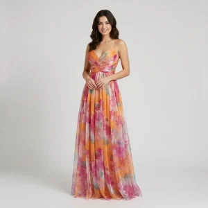 Vestido comprido fluido em mistura de viscose | Corte império | Decote profundo elegante