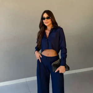 Conjunto Feminino Camisa Cropped e Calça Wide Leg - Riviera