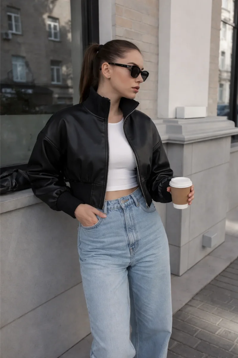Jaqueta de Couro Feminina Curta Estilo Bomber - Urban Street - Image 3